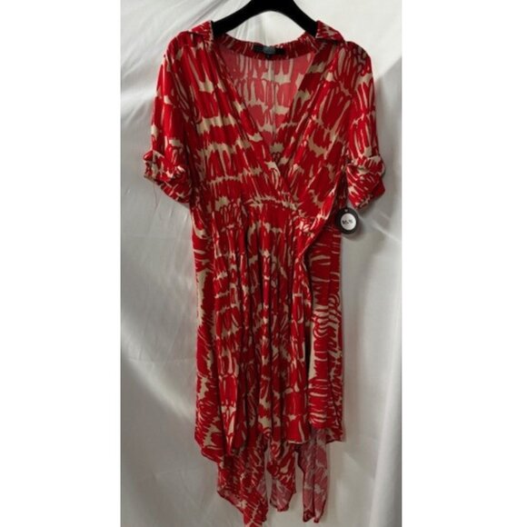 Eva Franco Sophia Asymmetric Hem Midi Faux Wrap Midi Dress in Red Script - Picture 3 of 3